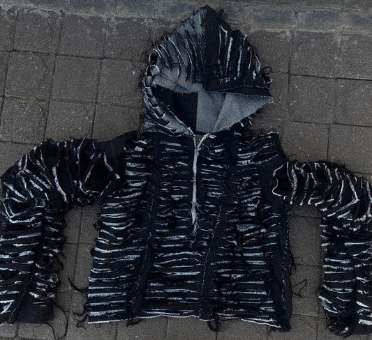 Black and grey distressed denim hoodie